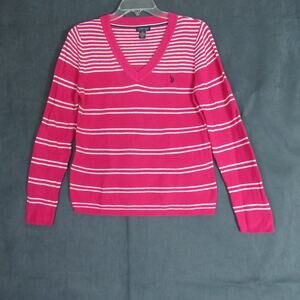 US Polo Assn Sweater Womens M Pink White Striped Knit Long Sleeve Coastal Preppy